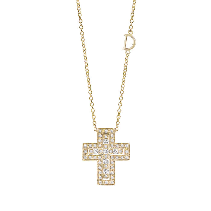 Belle poque Yellow Gold and Diamond Pav Cross Pendant Damiani